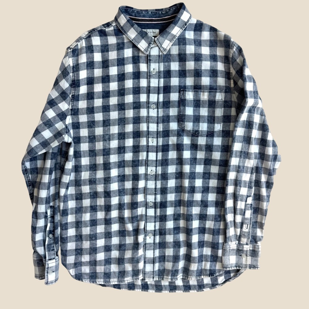 Sun + Stone Mens Buffalo Plaid Button Shirt Blue White Large 100% cotton